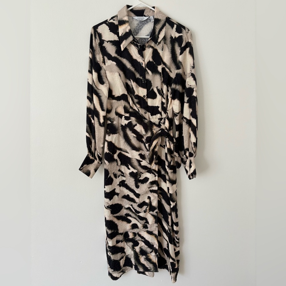 & Other Stories Black Cream Printed Shirt Long Sleeve Tie Midi Dress Size 6 - Picture 5 of 10